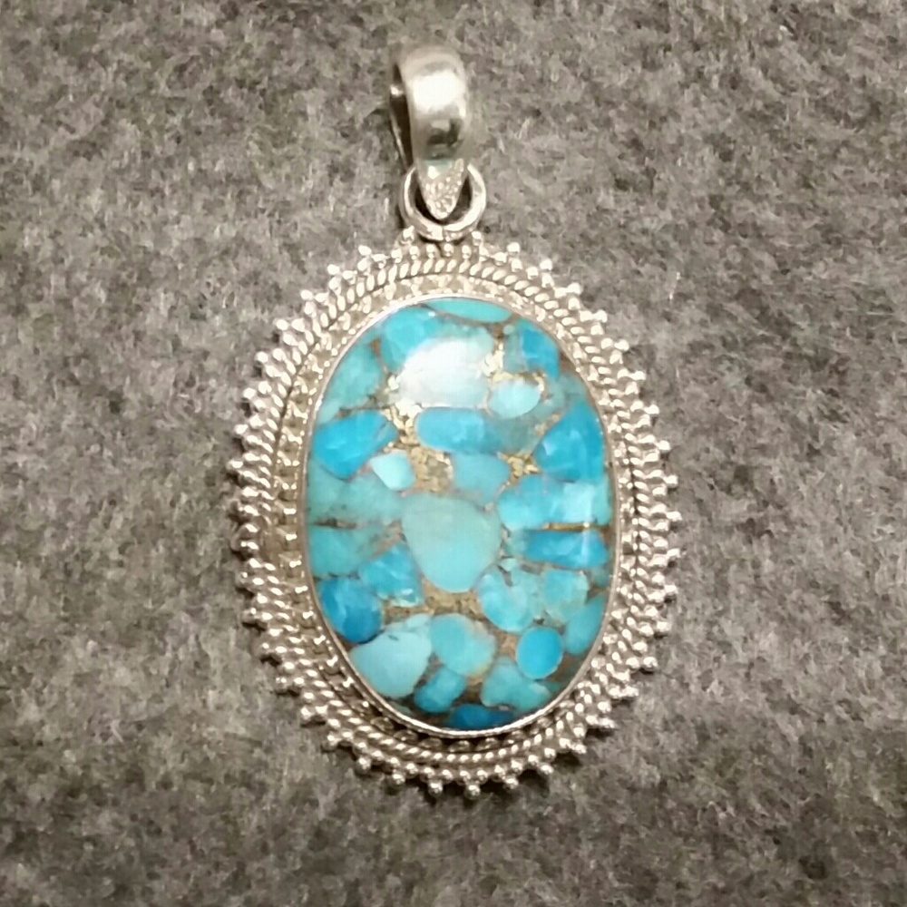.925 Silver Oval Copper Blue Turquoise Pendant